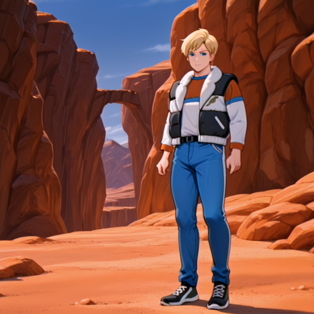 masterpiece, best quality, amazing quality, ryandsil, human, male, blonde hair, blue eyes, blue vest, white trim, striped shirt, long sleeves, blue jeans, black shoes, white trim, standing, canyon, solo 1boy, full body, <lora:4e3d59e6-9013-4388-a1ce-475458c180f6:1.0>