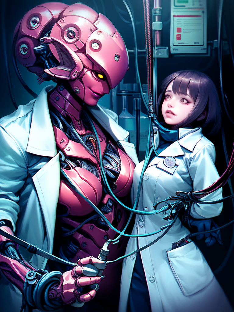 score_9,score_8_up,score_7_up,source_anime,<lora:tentacle_restraint:1>,restraint,femdom,monster girl,upper body,robot girl,cable,laboratory,realistic,2girls,lab coat,bondage,