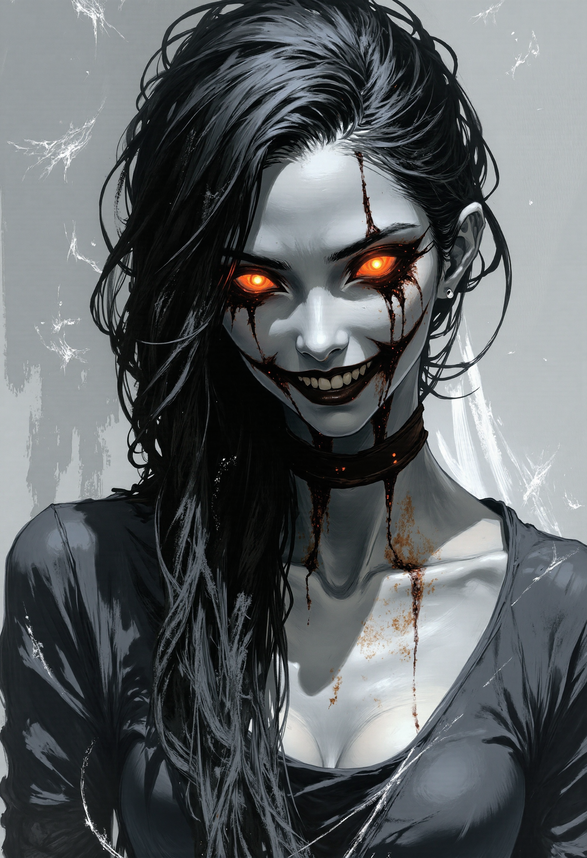 fg, A digital illustration of a woman with long, messy black hair framing her face, piercing glowing red eyes, heavy dark smudged makeup creating a sunken eye effect, a wide unsettling toothy grin. She wears dark, slightly ragged clothing, with subtle dark red smudges around her neck. Digital painting in the style of a dark fantasy horror illustration, eerie atmosphere, dramatic cinematic lighting, muted grey smoky background.