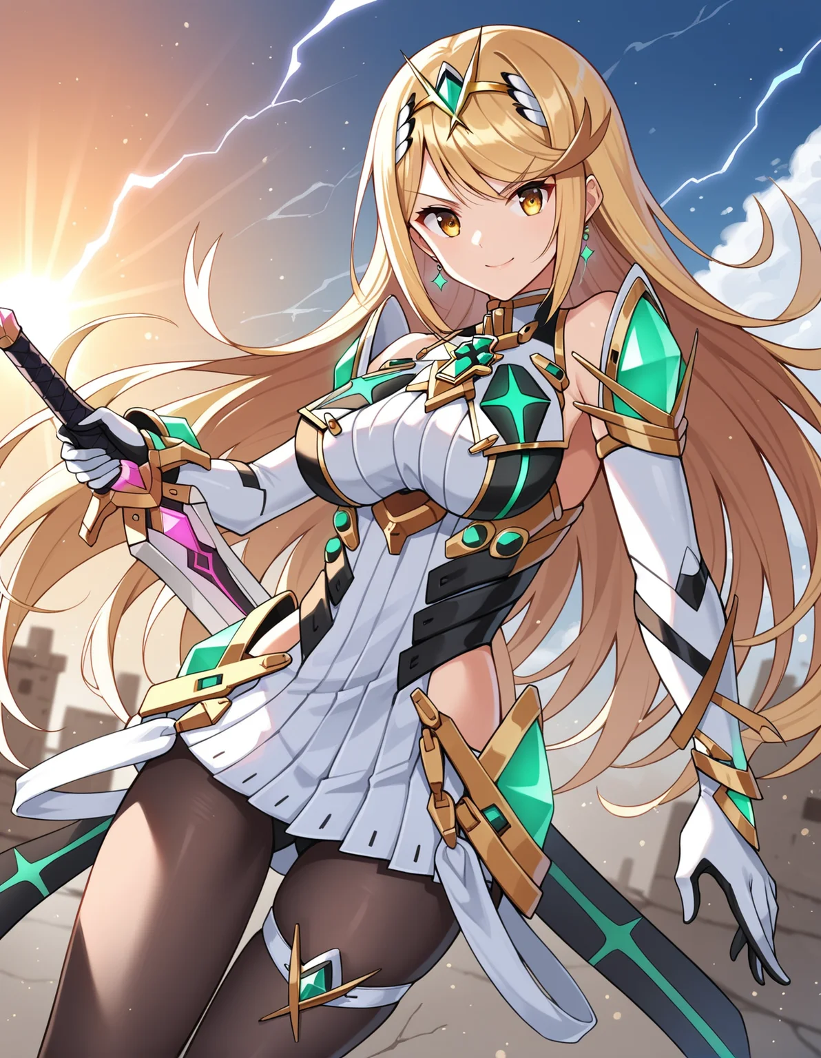 score_9, score_8_up, score_7_up, source_anime, rating_safe, BREAK <lora:mythra_XL-Pony_LoRA-C3Lier_8-8-8-8_AdamW_Un3e-4_Te1.5e-4_10batch:1>, mythra \(xenoblade\), 1girl, yellow eyes, swept bangs, long hair, very long hair, blonde hair, large breasts, headpiece, tiara, earrings, chest jewel, black pantyhose, jewelry, short dress, white dress, white gloves, elbow gloves, thigh strap, gem, floating, dutch angle, serious, light smile, glowing eyes, eye focus, looking at viewer, facing viewer, holding, holding weapon, sword, wind, floating hair, aura, lightning, light particles, light rays, ruins, sunset, gradient sky, orange sky, lens flare
