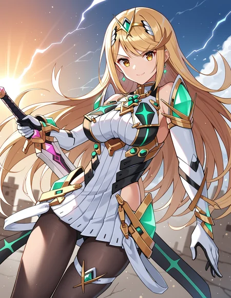 score_9, score_8_up, score_7_up, source_anime, rating_safe, BREAK <lora:mythra_XL-Pony_LoRA-C3Lier_8-8-8-8_AdamW_Un3e-4_Te1.5e-4_10batch:1>, mythra \(xenoblade\), 1girl, yellow eyes, swept bangs, long hair, very long hair, blonde hair, large breasts, headpiece, tiara, earrings, chest jewel, black pantyhose, jewelry, short dress, white dress, white gloves, elbow gloves, thigh strap, gem, floating, dutch angle, serious, light smile, glowing eyes, eye focus, looking at viewer, facing viewer, holding, holding weapon, sword, wind, floating hair, aura, lightning, light particles, light rays, ruins, sunset, gradient sky, orange sky, lens flare