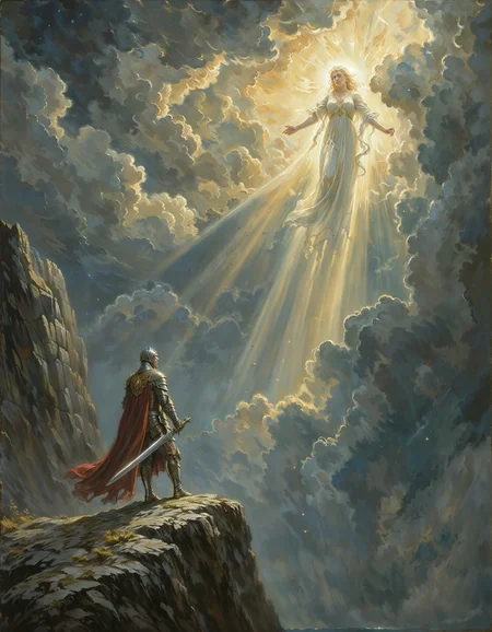 A dramatic and awe-inspiring scene: a valiant knight stands on the rugged edge of a cliff, his polished silver armor reflecting subtle glints of light. The intricate gold engravings on his armor are highlighted with fine brushwork, capturing the richness of his station. A deep crimson cape, painted with layered glazes for realistic texture and depth, billows in the wind. He holds a massive sword, its blade rendered with reflective highlights, while the ornate hilt is detailed with precision.
Above him, emerging from swirling clouds painted with the expressive brushstrokes of J.M.W. Turner, a colossal goddess appears, her semi-transparent form seemingly sculpted from light. Her flowing gown, painted with delicate sfumato techniques, blends seamlessly with the luminous, golden-tinged clouds. The goddess’s celestial hair, cascading in radiant waves, glimmers as if woven with starlight. Her soft, knowing smile is depicted with subtle chiaroscuro reminiscent of Leonardo da Vinci, giving her expression depth and serenity.
The atmosphere is dominated by dynamic contrasts, inspired by the Romantic drama of Caspar David Friedrich’s landscapes. The stormy sky and soft beams of divine light are rendered with glazing techniques to enhance the interplay of light and shadow. Rich blues and grays dominate the sky, with golden rays piercing through to highlight both the knight and the goddess, creating a halo-like effect around her towering figure.
Techniques and Style:
Imposto: Used for the rugged texture of the cliff and the knight’s intricate armor details.
Glazing: Layers of thin, translucent paint for the clouds and divine glow of the goddess.
Sfumato: To blend the goddess's features and gown into the misty atmosphere.
Chiaroscuro: For dramatic contrasts in lighting on the knight and the celestial figure.
Expressive Brushwork: In the sky and clouds, inspired by Turner’s dynamic landscapes.
Overall Medium and Style:
Oil on canvas, combining elements of Romanticism, Renaissance precision, and high-fantasy drama. The painting evokes a timeless, mythological essence, blending human heroism with divine admiration.
