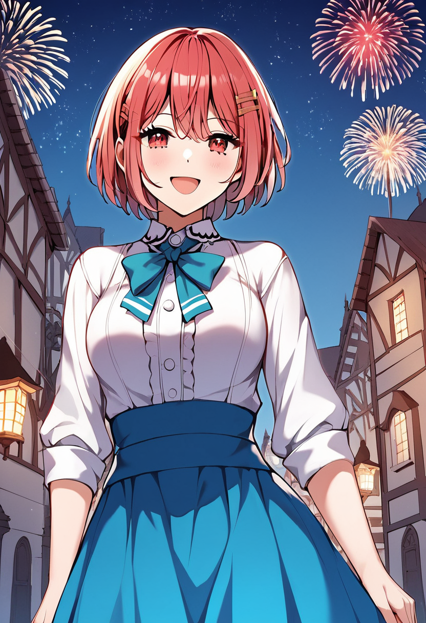 elsa_dorothy, red hair, short hair, red eyes, medium breasts, hair clip, default outfit, white shirt, blue skirt, blue neck ribbon,  BREAK outdoors, medieval city square, night, starry night, fireworks BREAK cowboy shot, looking at viewer, standing,open mouth, happy face , dynamic pose BREAK score_9, score_8_up, score_7_up, source_anime ,zPDXL, perfect hand , <lora:Elsa_Dorothy:0.8>
