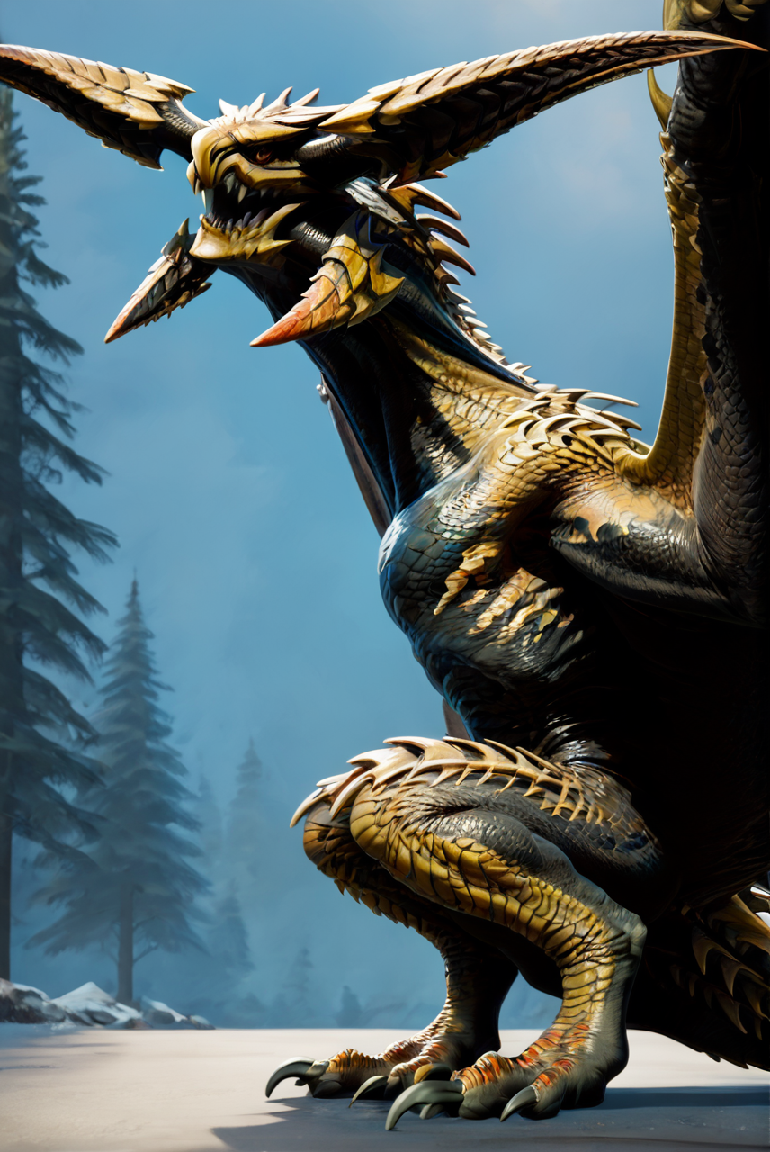 source_furry, score_9, score_8_up, score_7_up, (reydau_wilds, wyvern, feral), scalie, yellow scales, black underbelly, black scales, horns, fangs, teeth, sharp teeth, amber eyes, detailed eyes, long neck, spikes, claws, tail, spiked tail, winged arms, wings, <lora:MH_ReyDauPony:0.8>, outdoors, forest, squatting, side view, view from below, full body, look away, closed mouth, <lora:Add_DetailedEyesPony:0.8>, <lora:add-detail-xl:0.8>, zPDXL2, zPDXLpg, zPDXLrl, best quality, highly detailed, extreme details, masterpiece, photorealistic, hyperrealistic, ultra realistic, hdr, 4k, uhd, ray tracing, shaded
