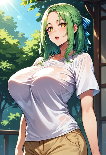 score_9,score_8_up,score_7_up,score_6_up, source_anime<lora:breasts_size_slider_pdxl_goofy:3> 1girl, breasts, dappled sunlight, forehead, green hair, hair ribbon, small breasts, medium hair, open mouth, outdoors, polka dot, polka dot ribbon, ribbon, shirt, solo, sunlight, t-shirt, white shirt, yellow eyes