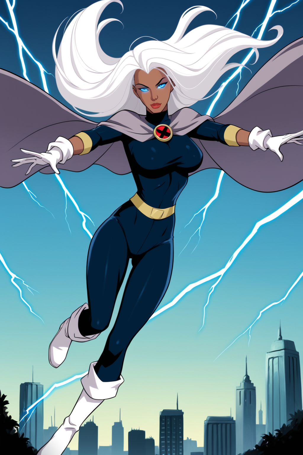 PonyXLV6_Scores BREAK ((parody), perfect anatomy, perfect eyes, cowboy shot), <lora:add_details_xl:1> BREAK BREAK <lora:Storm_-_X-Men_Evolution:0.8> ororo munroe, dark-skinned female, long hair, white hair, blue eyes, makeup, lipstick, flirting, half-closed eyes, ((looking at viewer)), cape, brooch, bodysuit, white gloves, boots, large breasts, curvy, toned, athletic, glowing eyes, outstretched arms, electricity, lightning, floating in air, floating hair, city skyline, outdoors