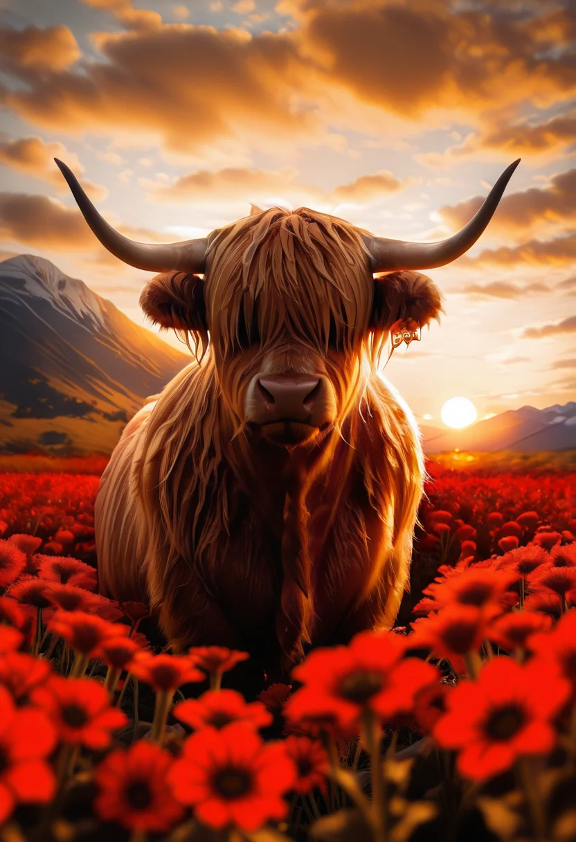 masterpiece, best quality, zzCow, solo, flower, outdoors, sky, cloud, blurry, cloudy sky, red flower, scenery, sunset, ,, mountain, sun, field, flower field, year of the ox, sunrise, hair over eyes, ,<lora:HighlandCow_IXL:1.0>,