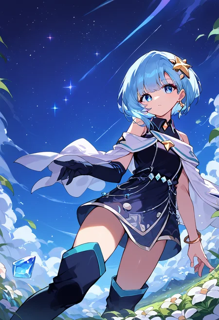 score_9,score_8_up,score_7_up,source_anime,zPDXL3,fantasy,outdoors,night,night sky,star (sky),sky,starry sky,crystal,white flower field,
*//*,<lora:SiaAstelle_Pony:1>,sia_astelle,1girl,solo,blue hair,short hair,bangs,blue eyes,gloves,thighhighs,thigh boots,earrings,hair ornament,jewelry,black dress,sleeveless,black footwear,single glove,black elbow gloves,
*//*,looking at viewer,cowboy shot,dutch angle,dynamic pose,