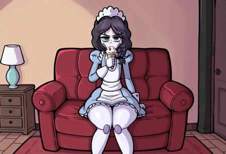 LLTND, 1girl, solo, milulu, heterochromia, crackscar, black hair, maid uniform, maid headdress, puffy sleeves, Juliet sleeves, blue eye, green eye, nancheeks, robot, nandroid, robot joints, ball joints, android, wide hips, indoors, living room, looking at viewer, annoyed, thick legs, skindentation, legs apart, sitting, eating ice cream,