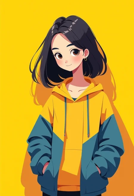 anime, cartoon, 2d flat illustration, a woman with black parted hair in a yellow and blue hooded jacket against a yellow wall