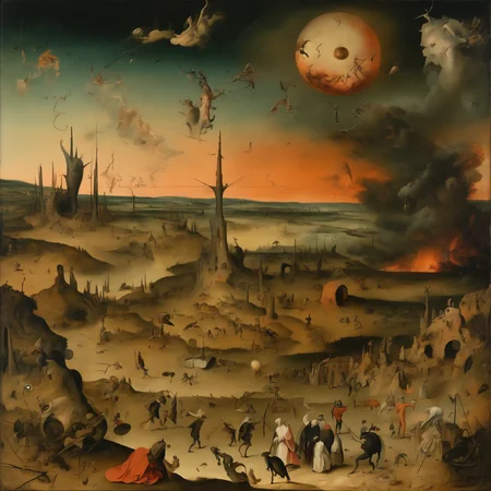 a chaotic and surreal scene. Dominated by earthy tones, it features a vast landscape with a fiery sky, a large eye in the background, and various figures engaged in different activities, bosch