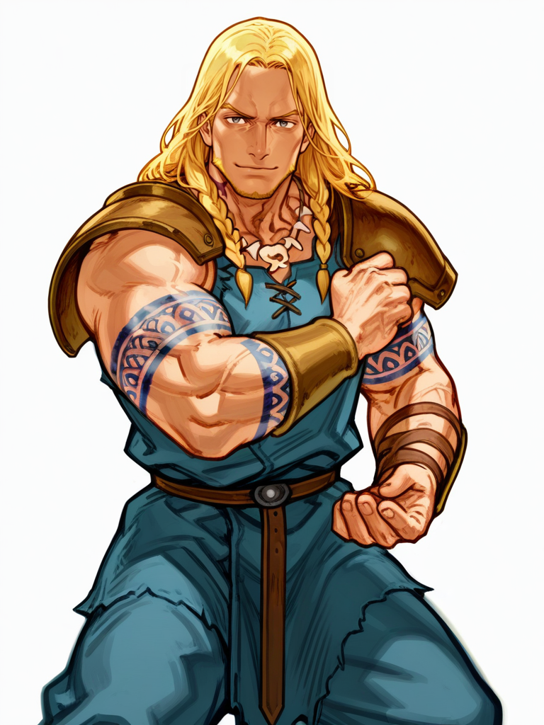 NishimuraXL,, simple background, (sketch:1.1), muscular male,
1boy, blonde, viking, armor, arm tattoo, bone necklace, fighting stance, light smile, 
white background, looking at viewer, dynamic pose, cowboy shot,
<lora:AKinuNishimura_Style-12:1>