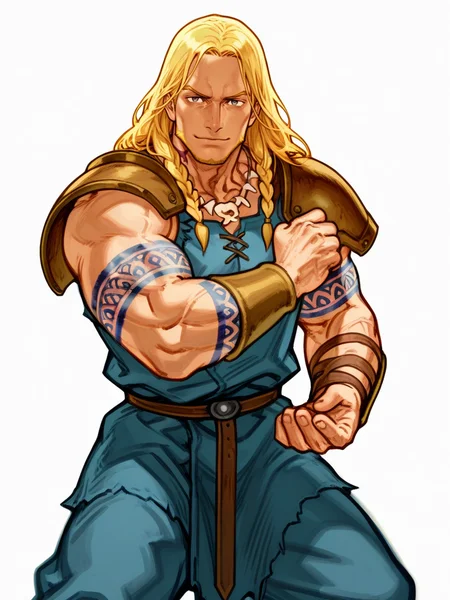 NishimuraXL,, simple background, (sketch:1.1), muscular male,
1boy, blonde, viking, armor, arm tattoo, bone necklace, fighting stance, light smile, 
white background, looking at viewer, dynamic pose, cowboy shot,
<lora:AKinuNishimura_Style-12:1>