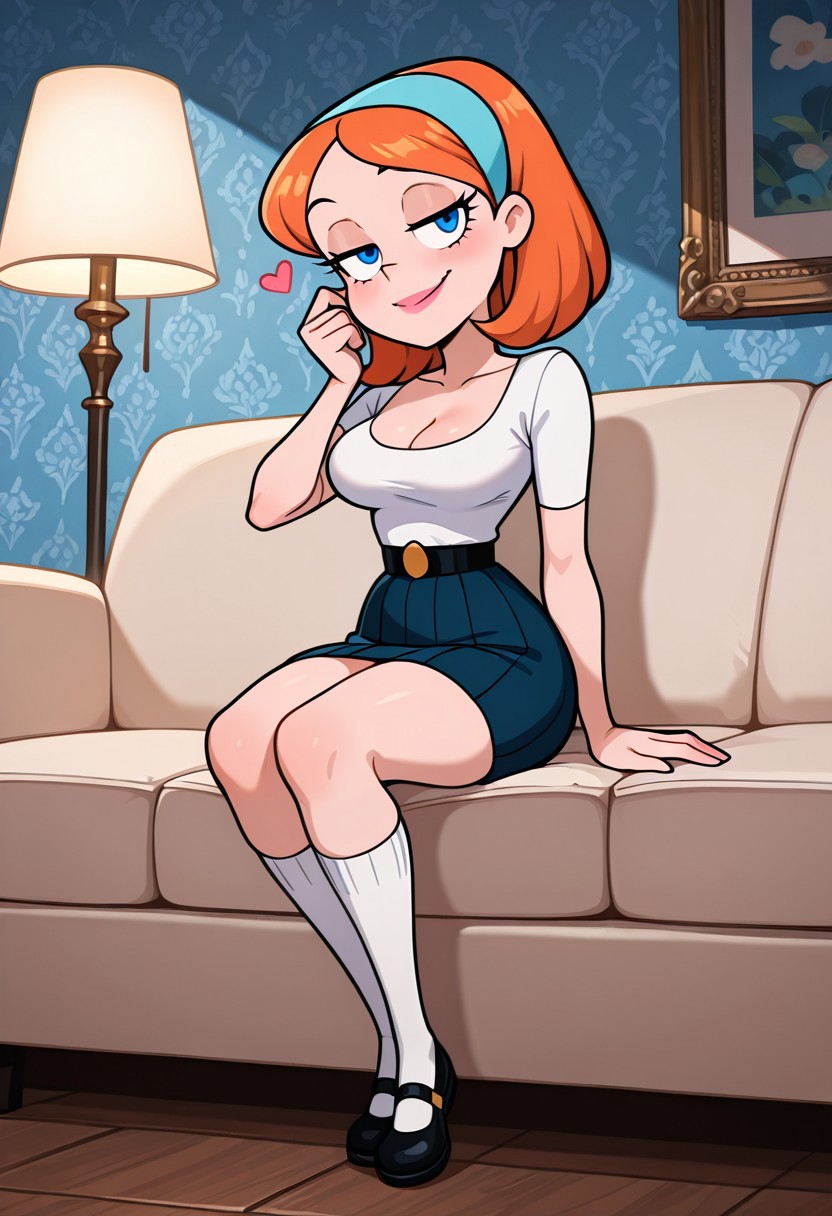 score_9,score_8_up,score_7_up,score_6_up,best quality,masterpiece, 
background is living room, sofa, blue wallpaper,
((cinematic lighting)), (shading),
1girl, solo, Perfect Body, (Perfect Anatomy:1.0),  
xlisax, orange hair, short hair, blue eyes, hairband, lipstick, 
white shirt, tight shirt, cleavage, medium breast, compressed breast, collarbone, mini skirt, pleated skirt, pencil skirt, high socks, white socks, black mary janes, 
sitting on sofa, looking at viewer, coy smile, seductive, teasing, flirting, full body,