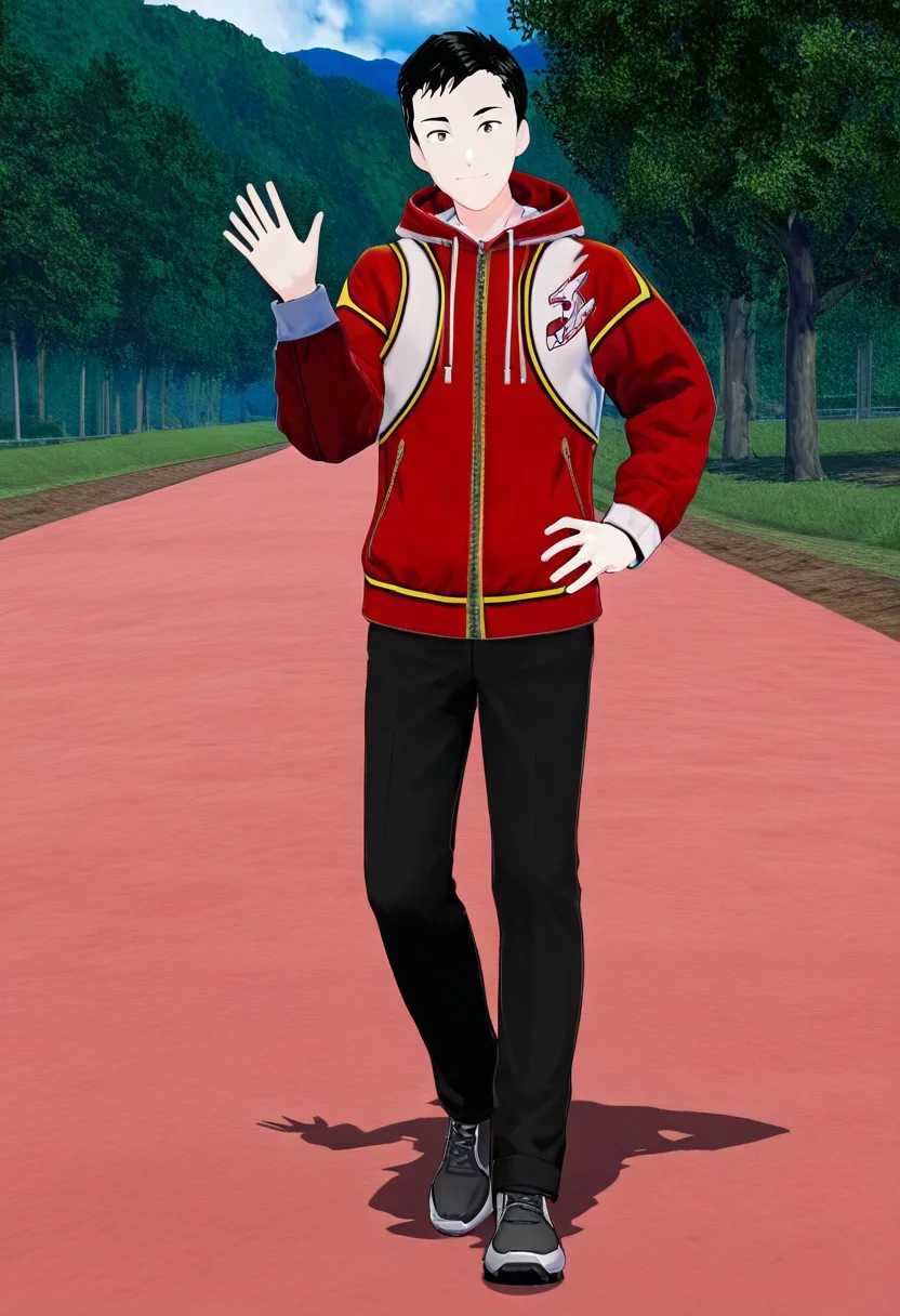 harmard, black hair, short hair, brown eyes, 1boy, solo, solo focus, red_white_jacket, black pants, young man, outdoor setting, right hand waving gesture, left hand leans on hip, handfixer