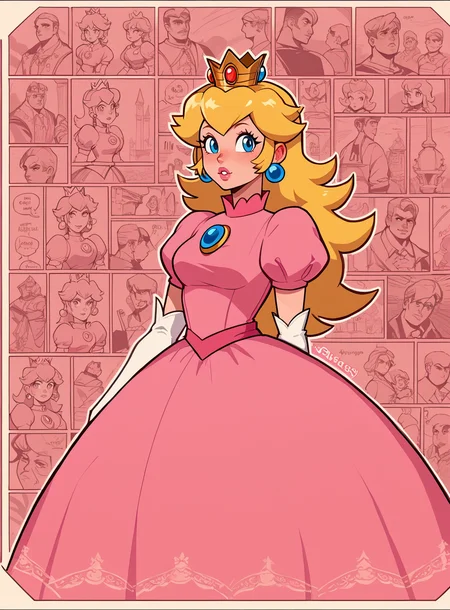 score_9, score_8_up, score_7_up, bullypxl, comic wallpaper, <lora:bullypxl:0.7>, 1girl, princess peach, crown, pink gown,best quality, 2d,