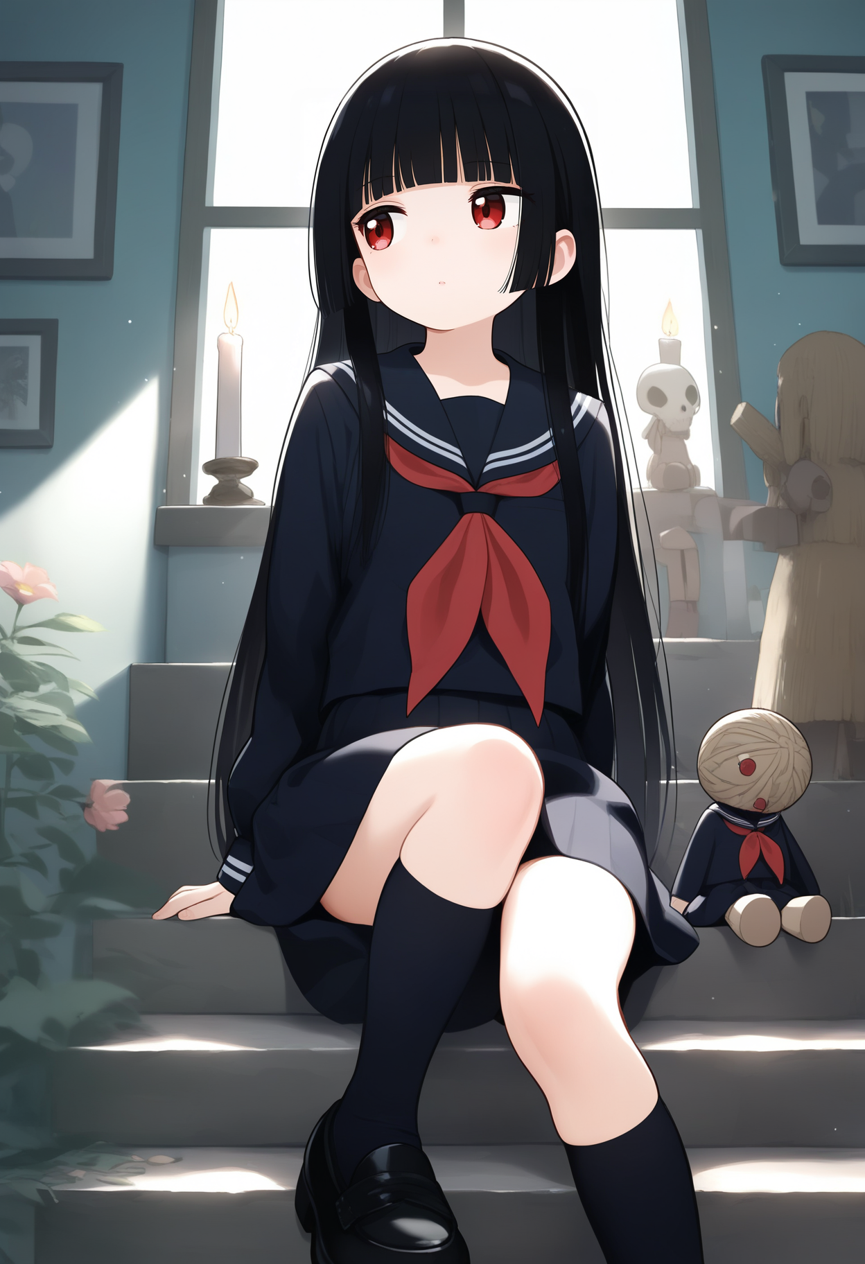 enma ai, 1girl, arm at side, backlighting, ball, black footwear, black hair, black serafuku, black skirt, black socks, blunt bangs, candle, candlelight, feet out of frame, flat chest, flower, hime cut, holding, indoors, kneehighs, light particles, lipstick, loafers, long hair, long sleeves, looking away, makeup, neckerchief, picture frame, plant, red eyes, red neckerchief, school uniform, serafuku, shoes, sideways glance, sitting, sitting on stairs, skirt, skirt set, skull, socks, solo, stairs, straight hair, straw doll, temari ball, voodoo doll, 
, masterpiece, best quality, good quality,
<lora:sakurakono_noob-vpred1.0_v2_edm2_p2:1>