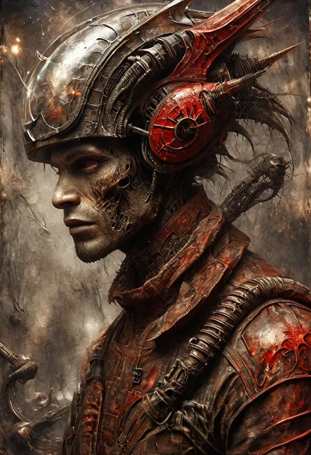 Space warrior portrait oil stains mixed with (((doom sleer))) caste. wearing a Soviet space suit with a red star on the helmet,USSR, H. R. Giger style but depicted as an oil painting, solo portrait, oil painting, masterpiece,best quality,style of H. R. Giger.