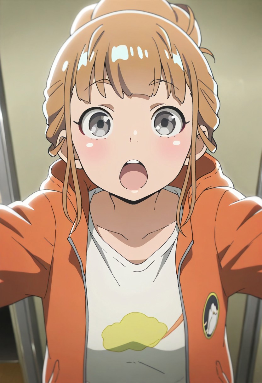 masterpiece,best quality,amazing quality, miyake hinata, brown hair, grey eyes, 1girl, jacket, open mouth, solo, shirt, upper body, white shirt, looking at viewer, collarbone