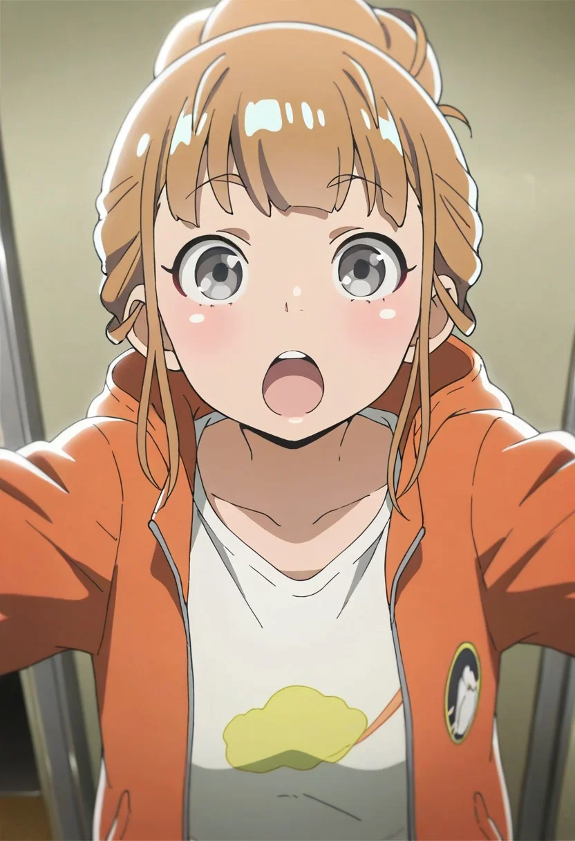 masterpiece,best quality,amazing quality, miyake hinata, brown hair, grey eyes, 1girl, jacket, open mouth, solo, shirt, upper body, white shirt, looking at viewer, collarbone