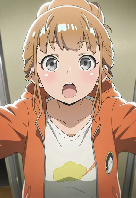 masterpiece,best quality,amazing quality, miyake hinata, brown hair, grey eyes, 1girl, jacket, open mouth, solo, shirt, upper body, white shirt, looking at viewer, collarbone