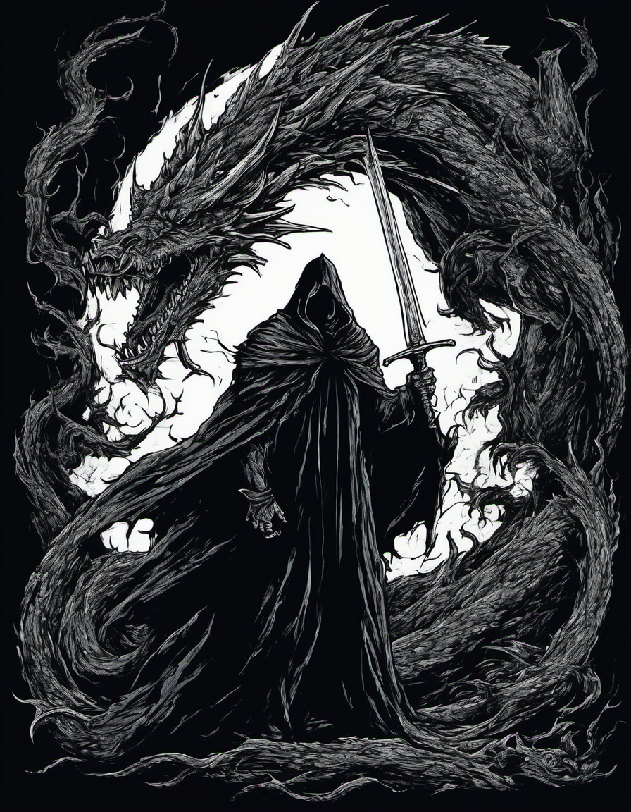 metal_tee, a man in a black cloak holding a sword, standing in front of a large dragon. The dragon is depicted as a large, menacing beast, with its mouth open and a long tongue protruding. The scene is set in a dark, mysterious environment,  vector digital illustration, (black background:1.5) <lora:metal_tee_sdxl:1>