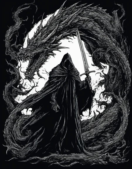 metal_tee, a man in a black cloak holding a sword, standing in front of a large dragon. The dragon is depicted as a large, menacing beast, with its mouth open and a long tongue protruding. The scene is set in a dark, mysterious environment, vector digital illustration, (black background:1.5) <lora:metal_tee_sdxl:1>