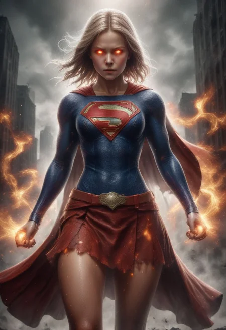 High resolution ultra-realistic of Beautiful Kiernan Shipka as Supergirl fighting against alien invasion, cinematic style, standing on a bloody and stormy battlefield in a fighting pose, bloody massacre, fire, ultra fine details, 8k resolution, dramatic lighting, high contrast shadows casting over his iconic "S" emblem, capturing the intensity of the moment, cinematic quality. hyperdetailed vibrant color, complex, portrait, Intricately Designed combat costume and red mini skirt, 8k resolution concept art, superheroine charming, portrait by Greg Rutkowski, beautiful firm Breasts, defiant and seductive, Artgerm, WLOP, Alphonse Mucha, perfect composition, beautiful detailed intricate, perfect big eyes, detailed octane render, digital painting, pixiv contest winner, official art, anime, official art, character design, trending on artstation, high quality model, best quality, high quality, highly detailed, 8k, best quality, high quality, highres, detail enhancement, 8k, hdr, sharp focus, ultra detailed, perfect lighting