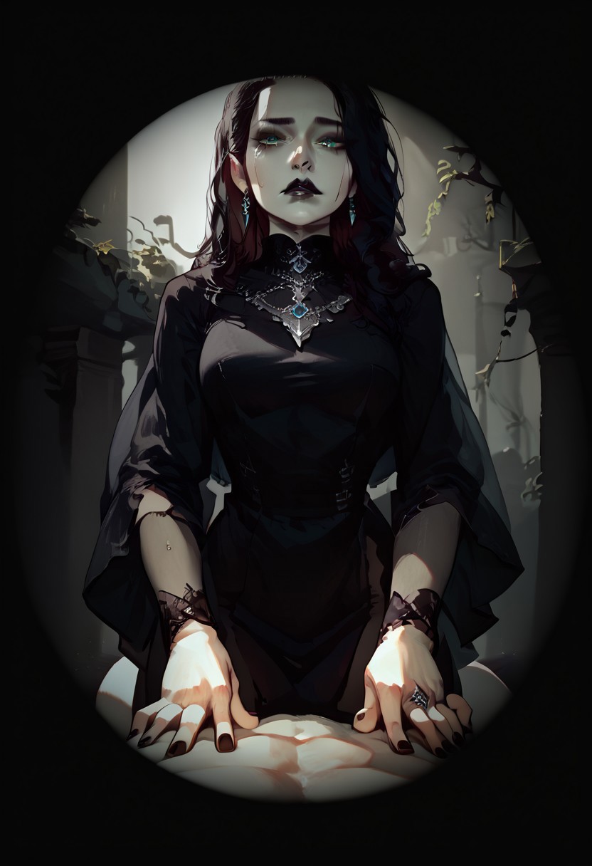 score_9, score_8_up, score_7_up, concept art, realistic, dark theme, perfect quality, masterpiece, highly detailed, dim light, Expressiveh, 4kFacePonyXL, ng_deepnegative_v1_75t,
anatomically perfect, bhands, glowing, neon lights,
gothic fantasy style, gothic grey ruins, outdoor scene, large stone coffin,
sideways pov, from below, 1male, fully clothed, lying on top of large stone coffin, 5L33PYM4L3P0V, falling asleep, darkening, eyelids closing, sight fading, body out of frame, looking up at girl, 
1girl, 30 years old woman, solo, tall regal figure, slender body, fit athletic body, beautiful face, pale skin, black boots, slightly torn elegant long black robes, thick robes, rags, robes covering body from neck to ankle, black scarf, holes in robe, dark black messy hair, waist length hair, long hair, large sexy eyes, vibrant green eyes, black nail polish, black lipstick, sad expression, crying, silver ring with ruby stone, silver diamond earrings, lace gloves, nose piercing, silver necklace with ruby medallion, standing over pov viewer, standing over pov viewer, looking down at viewer, blood on her hands,