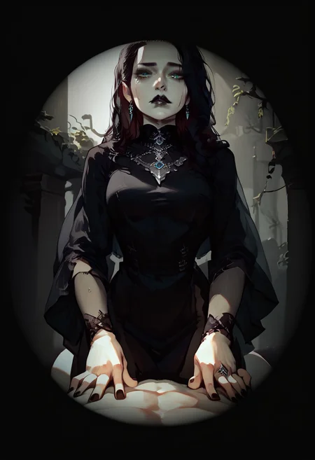 score_9, score_8_up, score_7_up, concept art, realistic, dark theme, perfect quality, masterpiece, highly detailed, dim light, Expressiveh, 4kFacePonyXL, ng_deepnegative_v1_75t,
anatomically perfect, bhands, glowing, neon lights,
gothic fantasy style, gothic grey ruins, outdoor scene, large stone coffin,
sideways pov, from below, 1male, fully clothed, lying on top of large stone coffin, 5L33PYM4L3P0V, falling asleep, darkening, eyelids closing, sight fading, body out of frame, looking up at girl,
1girl, 30 years old woman, solo, tall regal figure, slender body, fit athletic body, beautiful face, pale skin, black boots, slightly torn elegant long black robes, thick robes, rags, robes covering body from neck to ankle, black scarf, holes in robe, dark black messy hair, waist length hair, long hair, large sexy eyes, vibrant green eyes, black nail polish, black lipstick, sad expression, crying, silver ring with ruby stone, silver diamond earrings, lace gloves, nose piercing, silver necklace with ruby medallion, standing over pov viewer, standing over pov viewer, looking down at viewer, blood on her hands,