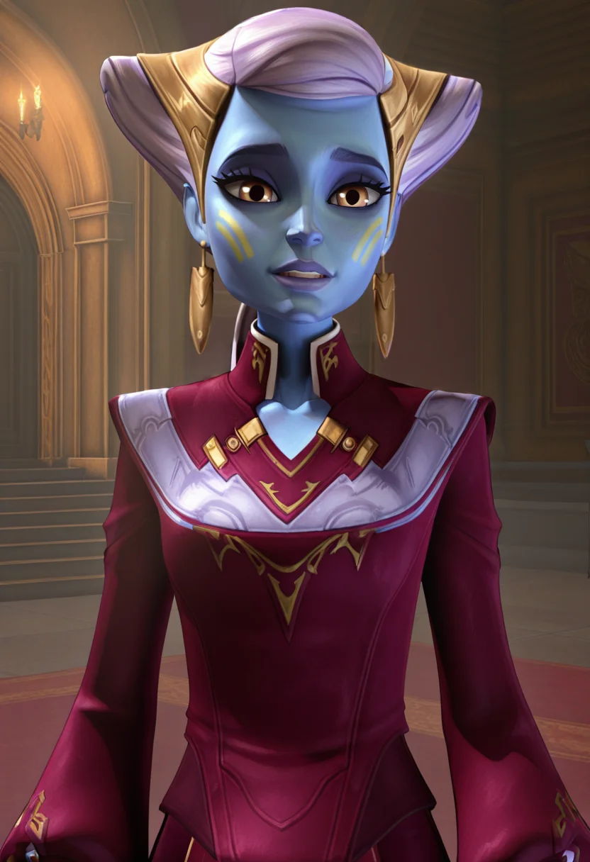 <lora:Riyo_Chuchi:1> riyo_chuchi, 1girl, female focus, pantoran, face_tattoo, light_purple_smooth_hair, blue_skin, original_appearance, hair_bun, tight_bun, forehead_jewel_badbatch, dangling_earrings, senator_outfit_badbatch, clone_wars_style, star_wars_background, 3d