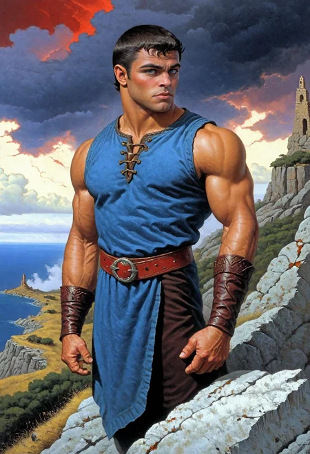 glennperson, short dark hair, medium skin tone <lora:sc_glenn_sdxl_v1-000010:1> <lora:Vintage_Wizard_Fantasy_illustration:0.75> , frank frazetta style, boris vallejo style, illustrated by hand, oil on canvas, high detail, posing dramatically on a rocky cliff in a vintage fantasy illustration style, standing on a rocky cliff under a stormy sky, wearing fitted sleeveless tunic with red and bronze accents, ancient ruins in the background, mystical light breaking through clouds, classic oil painting texture, rich colors, hand-painted fantasy book cover aesthetic,