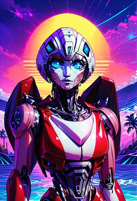 score_9, score_8_up, score_7_up, screencap, detailed eyes, looking at viewer, bust shot, white background, character sheet, multiple views, ArceeROTB, autobot, 1girl, solo, red and white body, mechanical parts, robot, helmet-like head, robotic face, glowing blue optics, wheels on back, ducati printed on right leg, autobot forehead symbol, fairing-like chest, blue eyes, narrow waist, synthwave, vaporwave, wave, lasers, sunset, synthwave-galaxy, unique pose, unique angle