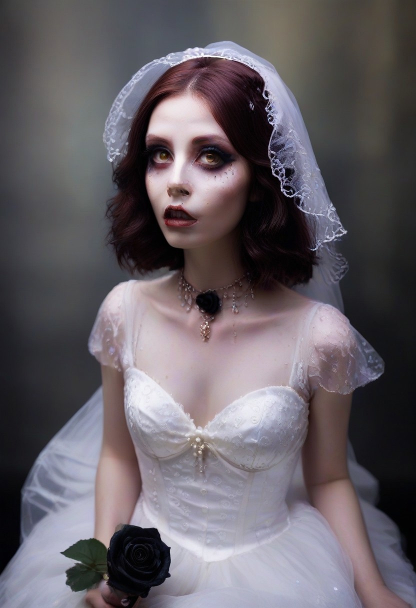 score_9, score_8_up, score_7_up, score_6_up, cartoon,  w0gf1l, jlf ,CreepyCuteMagical ,  1 girl,emo makeup, short hairs, veil  made of tiny  copper wire , the veil flows over her shoulders, psychadelic wedding dress, vampire fangs, long sharp claws, puzzled and suprised, pouting,
biolumen,hair accesory, single rose flower, black rose, the  contur of the petals glow eerily white,  surreal ,upper body shot, g0thicPXL, dark theme, horror theme,