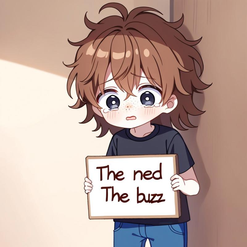 1boy, white skin, freckles, brown hair, messy hair, black t-shirt, blue pants, big eyes, cute, tears, black eyes, dilated pupils, English text, Holding a sign that reads the text: "I need Buzz", handwritten text,