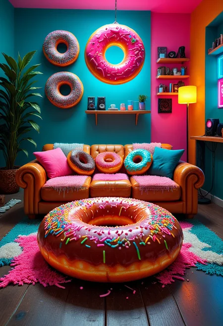 d0nu71f13d, An epic photo of a cyberpunk donut livingroom made of doughnuts, neon color, masterpiece, best quality, highly detailed, sharp focus, dynamic lighting, flux-style, mobe-cybideen