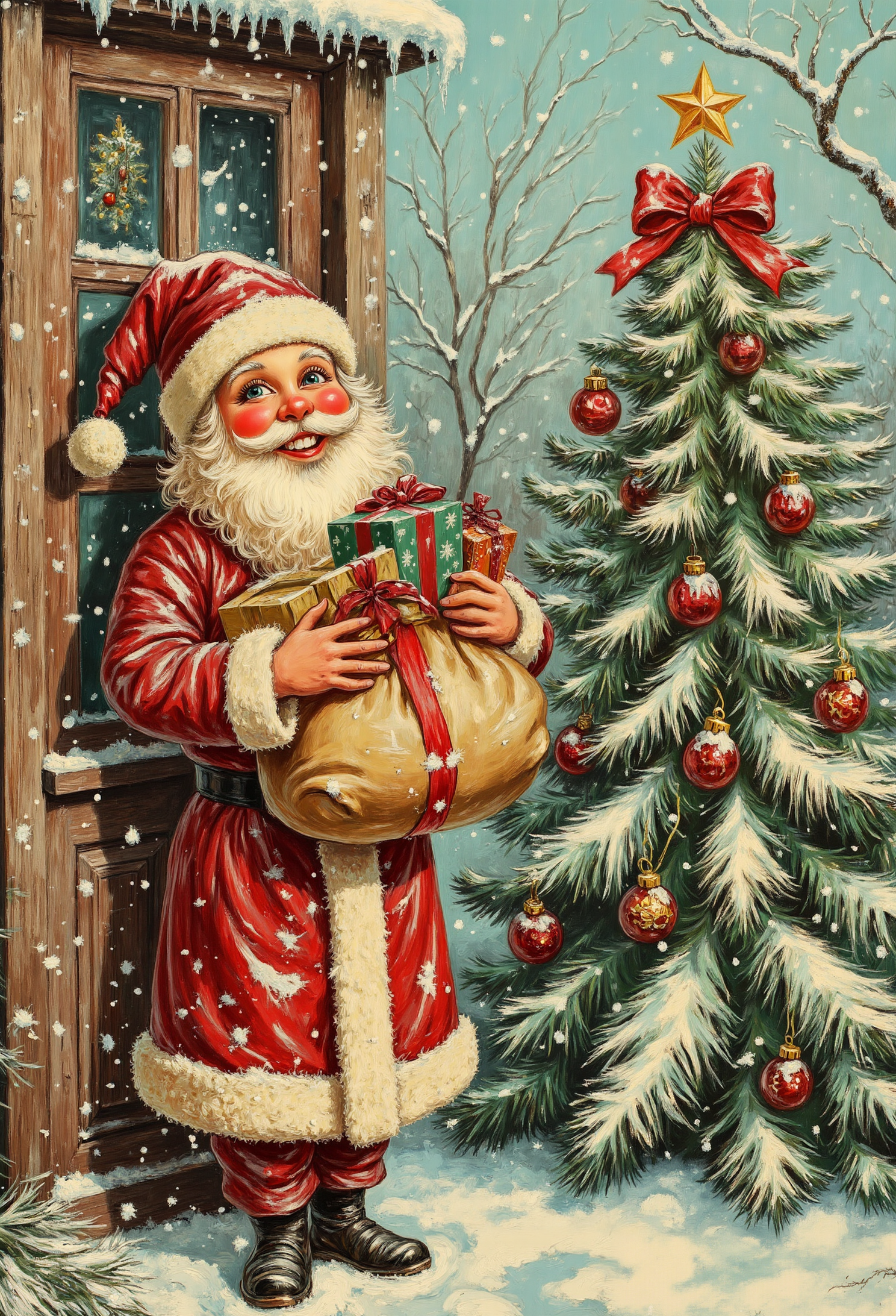 pstcs001, A cheerful cartoon Santa carrying a big sack of presents, standing next to a decorated Christmas tree with snow gently falling in the background. Cozy and festive holiday scene