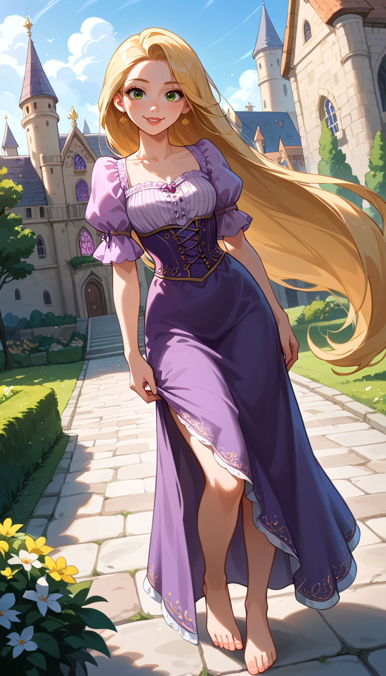 score_9, score_8_up, score_7_up, Anime Style, Full Body Shot, Rapunzel, cute, seductive, innocent, light smile:0.3, plump lips, slender body, long blonde hair, green eyes, cinematic light, purple dress, happy, barefoot, medieval castle background, depth of field, dynamic angle, fashion photography, sharp, hyperdetailed:1.15