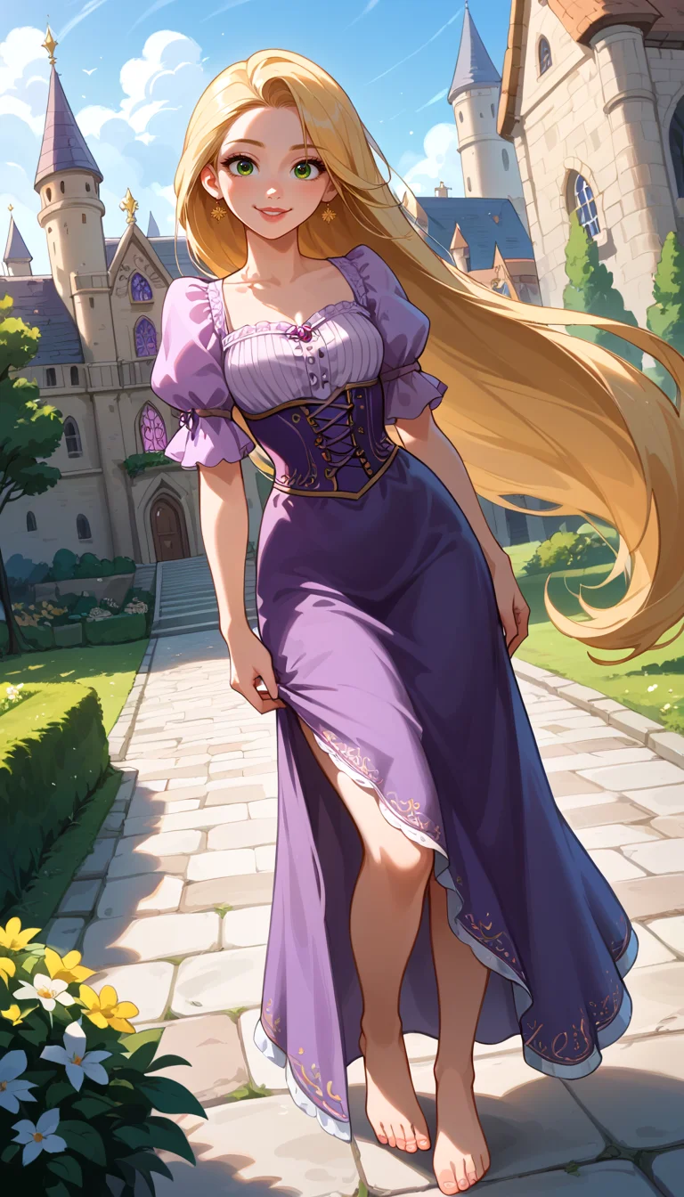 score_9, score_8_up, score_7_up, Anime Style, Full Body Shot, Rapunzel, cute, seductive, innocent, light smile:0.3, plump lips, slender body, long blonde hair, green eyes, cinematic light, purple dress, happy, barefoot, medieval castle background, depth of field, dynamic angle, fashion photography, sharp, hyperdetailed:1.15