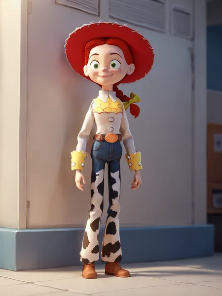 score_9, score_8_up, score_7_up, score_6_up, BREAK, ToyJessie, 1girl, solo, green eyes, red hair, braid, bow, closed mouth, smile, cowboy hat, shirt, belt, boots, jeans, <lora:Jessie-000009:1>