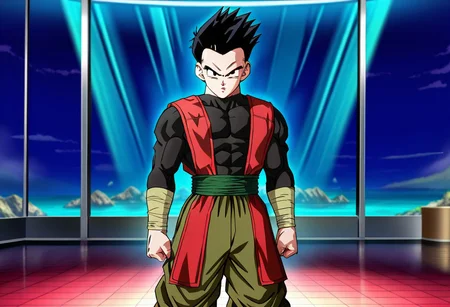 masterpiece, best quality, amazing quality, very aesthetic, absurdres, depth of field, volumetric lighting, absurd res, xeno goten, 1boy, spiked hair, pants, shirt, sash, black hair, black eyes, xeno outfit, short hair, solo, muscular male, looking at viewer