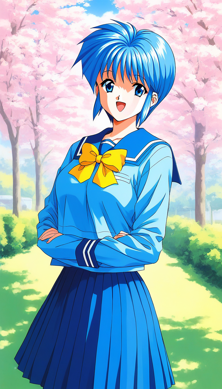 score_9, score_8_up, score_7_up, source_anime, rating_explicit, BREAK  <lora:Nijino_Saki_XL:1> NijinoSaki, blue hair, blue eyes, short hair, bangs, medium breasts, 1990s \(style\),
1girl, solo, school uniform,  heart,  serafuku, open mouth, looking at viewer, long sleeves, skirt, bow, blue skirt, sailor collar, yellow bow, smile, blue sailor collar, pleated skirt, shirt, blue shirt,
outdoor, day, sky,