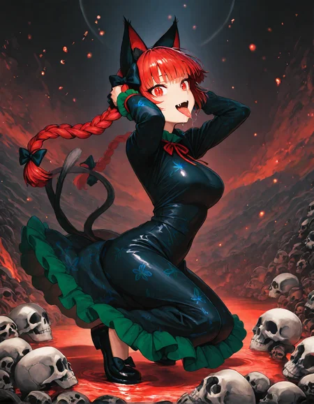 munakata_(sekimizu_kazuki), hamada_yoshikazu,negative space, cinematic shot, masterpiece, highres, absurdres, newest,  wide shot, ,slimes_skullwm,made of skulls,kaenbyou_rin, touhou, 1girl, pink_hair, red_eyes, solo,animal_ears ,black_bow, black_dress , braid,breasts, cat_ears , dress,extra_ears, fang ,frilled_dress ,frills, hair_bow ,large_breasts ,long_eyelashes  ,long_sleeves ,looking_at_viewer ,multiple_hair_bows, pointy_ears ,red_bow , red_hair, slit_pupils, smil,tight_clothes ,tight_dress, twin_braids ,fang, crazy_eyes ,crazy_smile ,hands behind head, arms up, squatting, tongue, tongue_out , saliva,saliva_trail ,saliva_drip ,open mouth, from side,
<lora:SlimesSkullWM:1> <lora:ponyv5_noobE11_1_adamW:0.7> <lora:illustrious_noobai_epsilon_pred_11_very_aesthetic_v1:0.7> , <lora:kaenbyou_rin_image6792_2023-12-20:0.6>