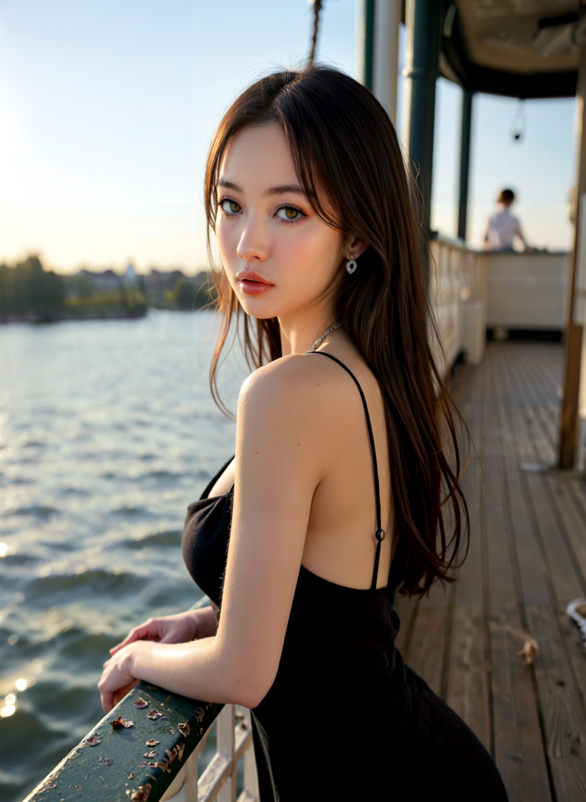 cinematic film still a young woman standing on a balcony overlooking a body of water. She is wearing a black sleeveless dress with thin straps and a low neckline. Her hair is styled in loose waves, and she is wearing red lipstick and large hoop earrings. The woman is looking off to the side with a serious expression on her face. The background is blurred, but it appears to be a cityscape with buildings and trees. The overall mood of the image is peaceful and serene. <lora:add-detail-xl:.5>  <lora:Flux-style-xl-lora:.5>