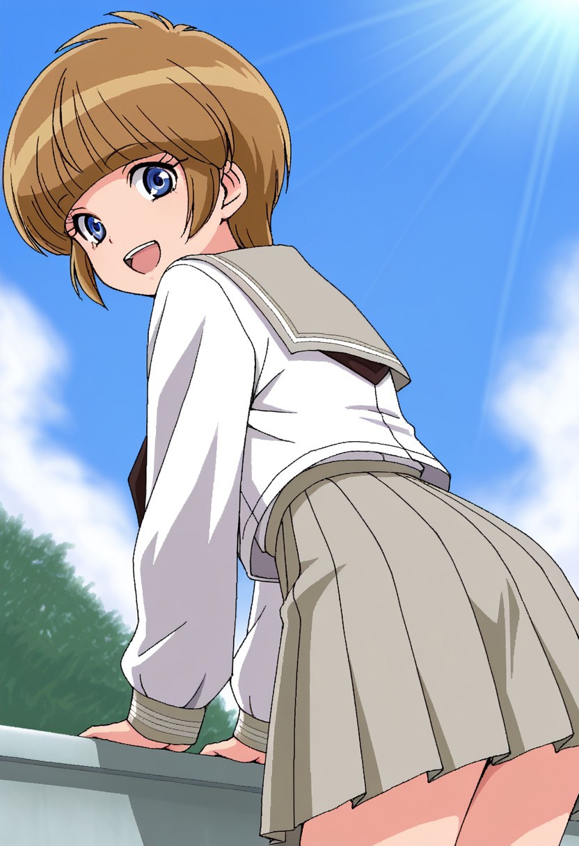 masterpiece, best quality, 32k, high resolution, absurdres, hiyama hikaru, school uniform, sailor collar, day, oekaki, serafuku, :d, sky, long sleeves