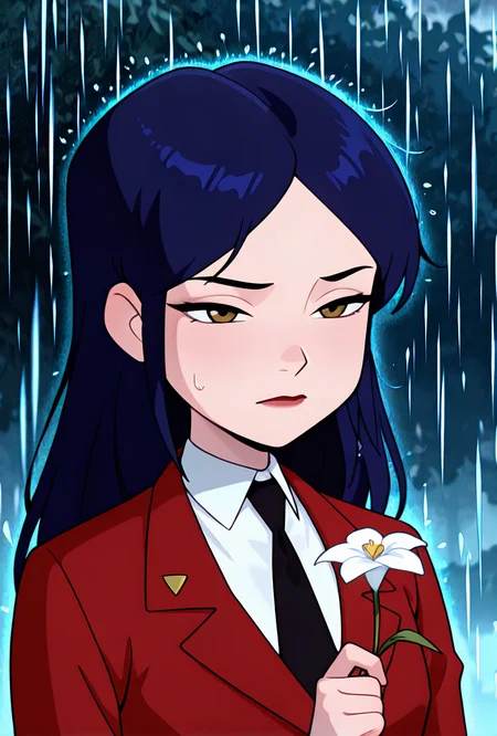 ((cartoon, screencap,,))  <lora:tiffanyos:1> tiffanyos, 1girl, long hair, blue hair, parted bangs, black necktie, school uniform, white  undershirt, lipstick, long red jacket, under the rain, upper body, sad, raining on head, holding flower, wilted flower, masterpiece, best quality, amazing quality, very aesthetic, absurdres, newest,