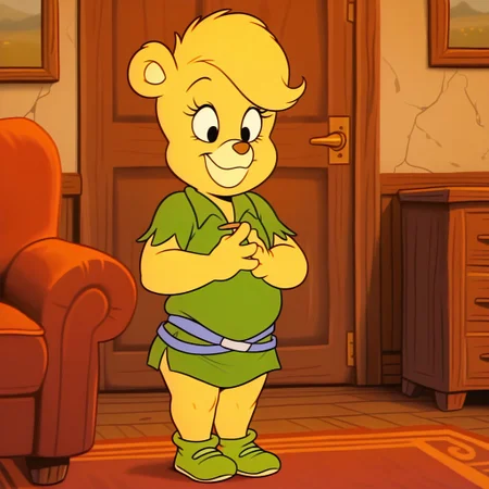 masterpiece, best quality, amazing quality, sunni, female, furry female, anthro, young, solo, bear, yellow fur, short hair, black eyes, yellow muzzle, brown nose, eyelashes, paw pads, short, green shirt, blue belt, green shoes, standing, smile, hands together, indoors, living room