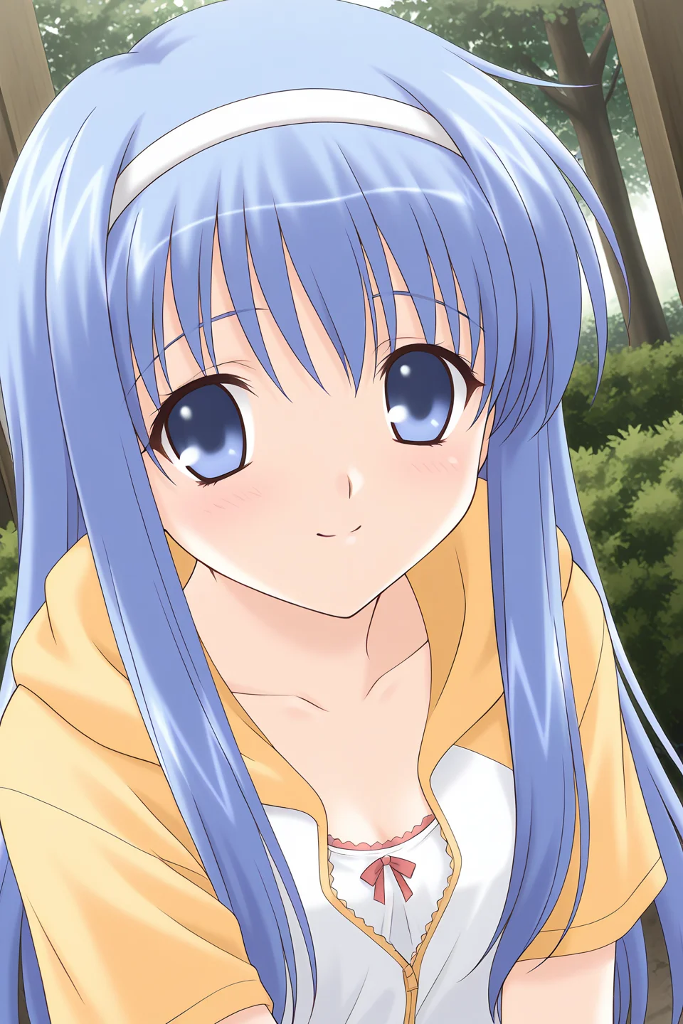 masterpiece, best quality, absurdres, official art, official style, rating general BREAK <lora:takayashikimatsuri_IL_v1:0.7>, takayashiki matsuri, solo, 1girl, blue eyes, blue hair, very long hair, bangs, sidelocks, white hairband, flat chest, smile, long hair, blush, cleavage, looking at viewer, collarbone, close-up, dutch angle, upper body, outdoors, bush, tree, pov, closed mouth, portrait, raglan sleeves, short sleeves, hood down, casual, yellow hood, yellow sleeves, white hoodie, bashful, white camisole, unzipped