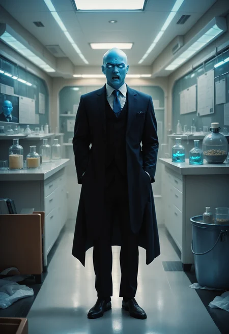 score_9, score_8_up, score_7_up, score_6_up, realistic, detailed skin photo, 1boy, wearing a suit, ((in a lab)) <lora:Doctor_Manhattan:1> drmanhattan, bald, glow, blue skin, glowing eyes, full body BREAK angry, screaming