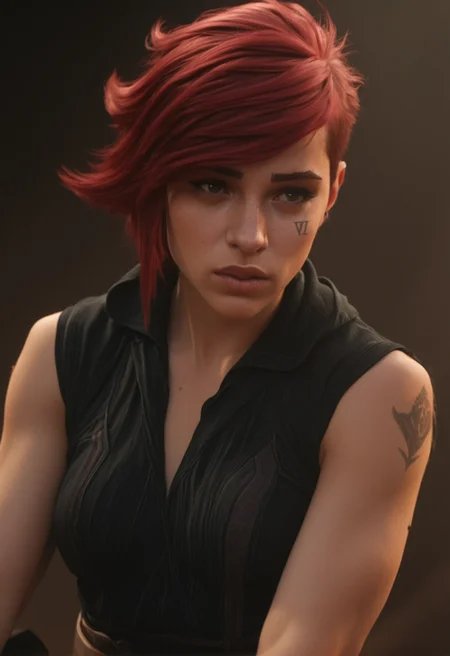 masterpiece, high quality, ALVi, 1girl, pink hair, short hair, face tattoo, sexy pose, photorealistic, film grain, ultra realistic, shallow depth of field, detailed background, dynamic angle, volumetric lighting,